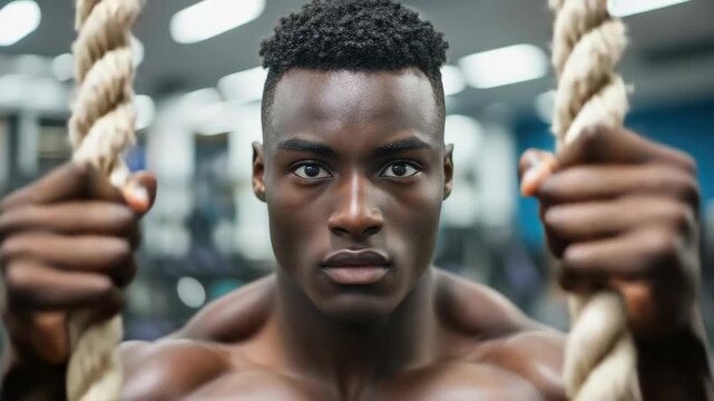 A man in a gym focusing on weightlifting with ropes.