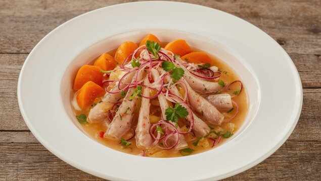 New Peruvian ceviche with pejerrey, accompanied by sweet potato, red onion, cilantro, and rich leche de tigre, highlighting delicate fish and lively coastal tastes