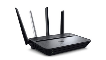 Fototapeta premium Router functioning with power indicators and internet connection status on white backdrop. Wireless device featuring Wi-Fi antenna, broadband