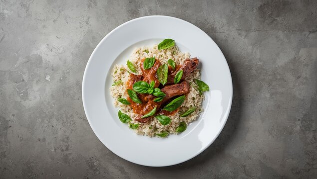 Beef pad kra pao with Thai holy basil, served on jasmine rice, above view on concrete table, flat lay, open space