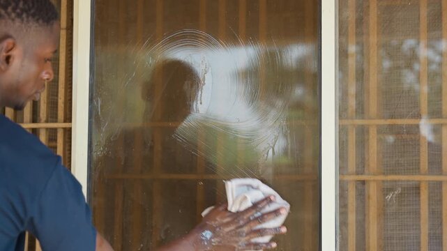Man washing house window with cloth and soap, steady strokes on exterior pane, soapy suds sliding down glass, porch background, daylight reflection, routine maintenance and careful domestic chore
