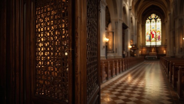 Close-up of a wooden confession booth in a Catholic Cathedral, featuring a lattice door