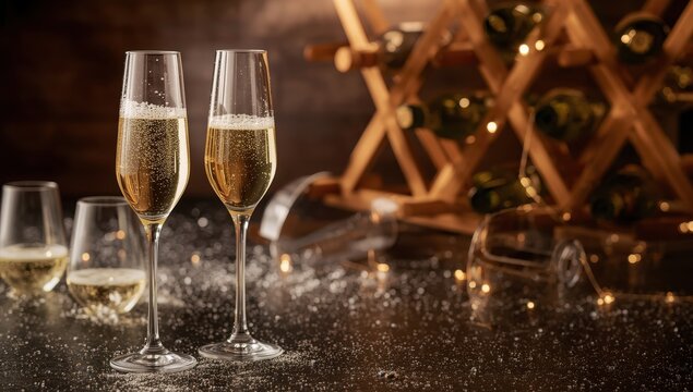 Bottles of sparkling white wine or cava on a traditional wooden rack with bubbles in the background