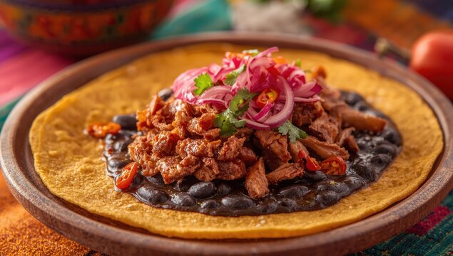Panuchos, a Yucatan specialty, are fried corn tortillas stuffed with beans and garnished with cochinita pibil, pickled onions, and habanero