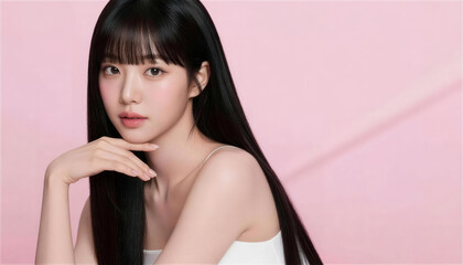 ピンク背景の前で穏やかな表情を浮かべる黒髪の美しい女性