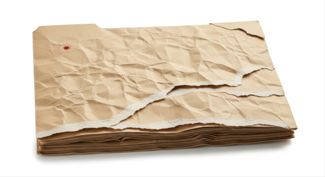 Crumpled torn folder on white background with isolated textured paper layers and visible red pinhole detail