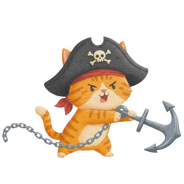 Adorable Cartoon Pirate Cat Illustration Holding a Ship Anchor with Chain on White Background