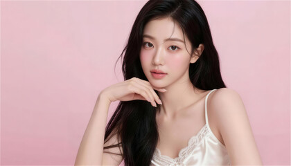 白いキャミソール姿でカメラを見つめる美しい黒髪の女性