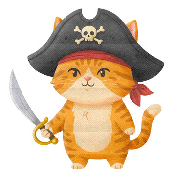 Adorable Orange Tabby Cat Dressed as a Pirate with a Sword and Skull and Crossbones Hat, Cute Watercolor Illustration Isolated on White Background