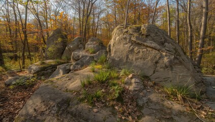 On Nov. 2, 2025, a rock formation is displayed at Powers Bluff County Park in Wood County, Wisconsin. Powers Bluff is a eroded summit of a prehistoric mountain range