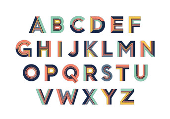Multicolored alphabet letters arranged in order on a white background