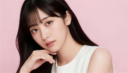 手を顎に添えて微笑む白いノースリーブの黒髪の若い女性