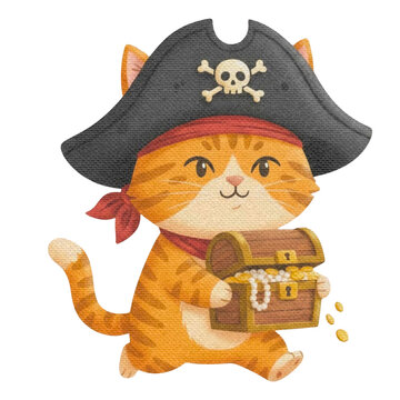Adorable Pirate Cat Cartoon Holding Treasure Chest with Gold and Jewels - Cute Feline Character Illustration