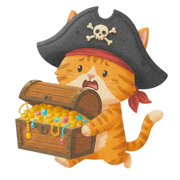 Cute cartoon pirate cat running with an open treasure chest filled with sparkling gold coins and colorful jewels, looking surprised on a white background.