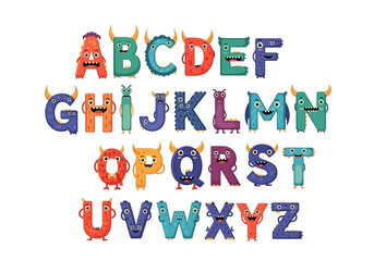 Fototapeta premium Colorful Alphabet Letters with Monster Characters on White Background from a Frontal Viewpoint
