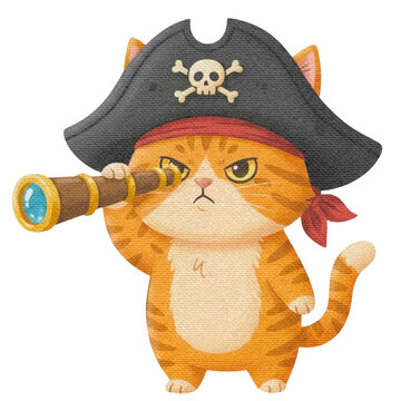 Cute Orange Pirate Cat Looking Through Spyglass Isolated Illustration