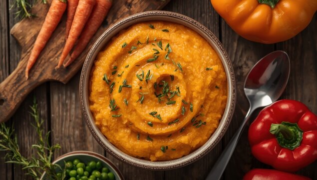 Bowl of flavorful mashed sweet potato with rosemary, fresh veggies, and a spoon nearby, close-up
