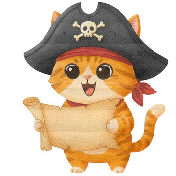 Adorable Cartoon Pirate Cat with Skull Hat and Bandana Holding a Treasure Map Scroll, Ready for Adventure and Discovery