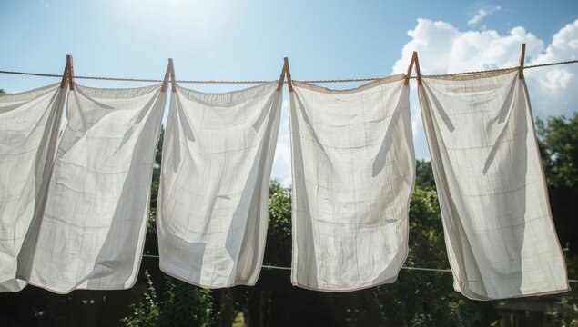 white linens draped with pegs