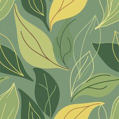 Stylized, layered leaves in various greens and yellows, soft background