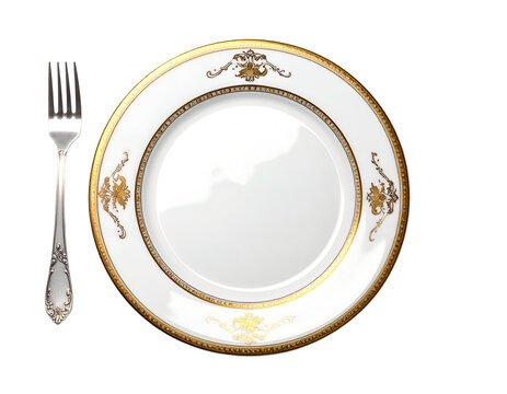 Ornate gold-rimmed white plate and silver fork on black