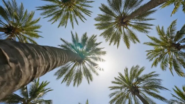 Low-angle view of towering palm trees against a bright blue sky, with the sun shining through green fronds, capturing a serene tropical paradise feeling