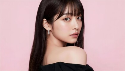 ピンク背景で黒いオフショルダーを着て振り返る美しい女性