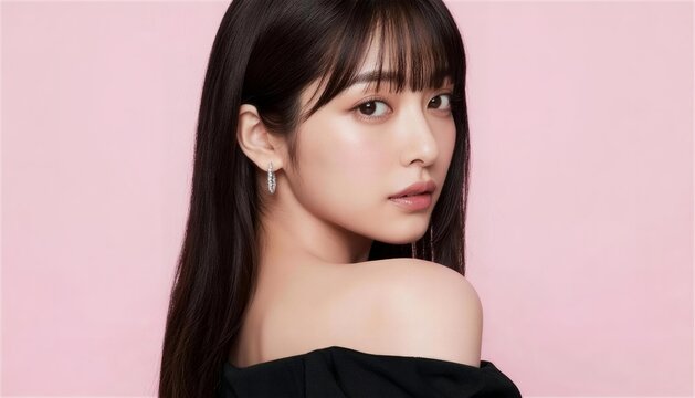 ピンク背景で黒いオフショルダーを着て振り返る美しい女性