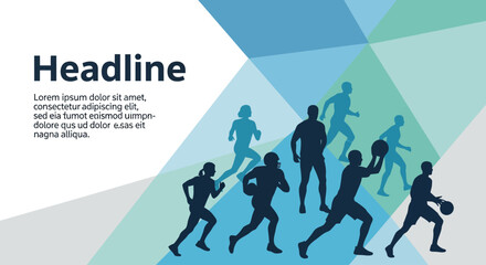 Flat 2D vector multi-sport event poster template design featuring diverse athlete silhouettes against a dynamic geometric background, ideal for modern presentation graphics