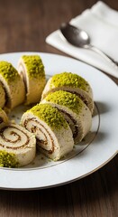 Delicious Pistachio Halva Dessert Rolls on Plate