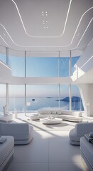 Ultra-Modern Luxury White Interior with Grand Panoramic Ocean View and Sleek Architectural Design