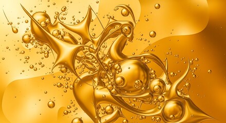 Abstract Golden Liquid Splashes with Spheres and Organic Shapes, Luxurious Oil Texture Background