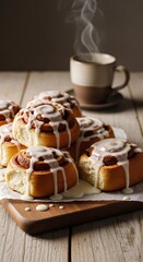 Warm Cinnamon Rolls with Icing and Hot Coffee