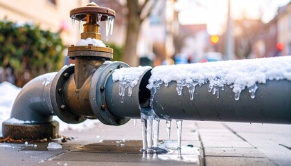 Frozen Water Pipe with Icicles in Winter