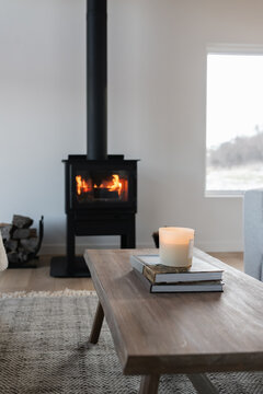 Interior of a getaway cabin with a cozy fire. 