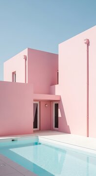 Minimalist Pink Modern House with Swimming Pool and Clear Blue Sky