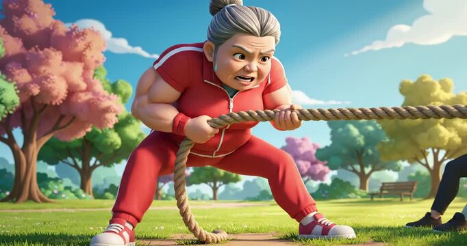 An animated elderly woman in a red tracksuit struggles to pull a rope in a lively park setting
