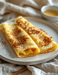 Two golden-brown crepes dusted with powdered sugar are served on a white plate with a small bowl of sauce in the background.