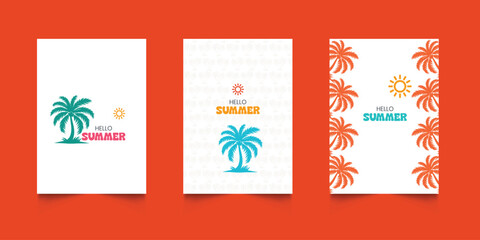 Set of tropical hello summer posters. Beach party flyer templates. Hawaiian backgrounds for greeting card and invitation. Sea sunrise, ocean, palm trees, morning sky © creative