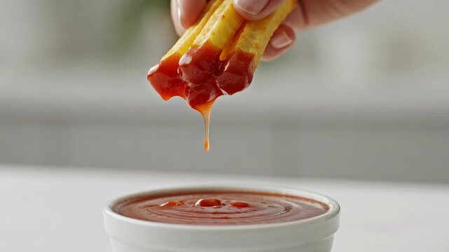 A hand dipping a crispy french fry into a small bowl of ketchup on a white table