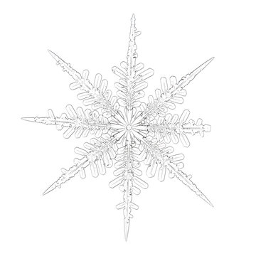 Macro detailed photograph of a single six-sided ice crystal snowflake