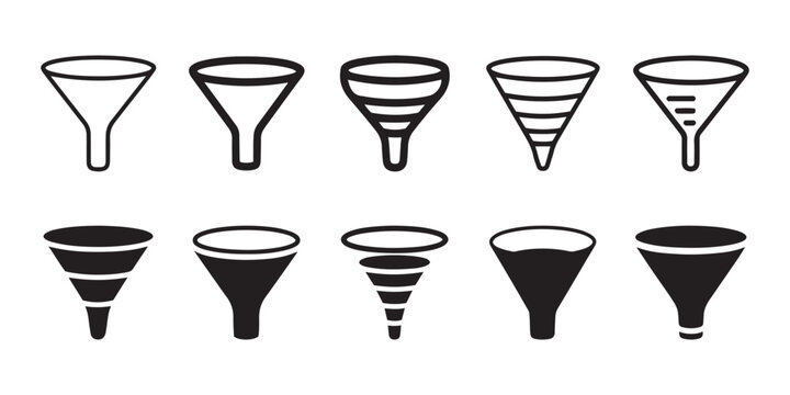 Collection of Funnel Icons. Diverse Styles, Outlines, and Solid Shapes for Data Filtering and Process Visualization.