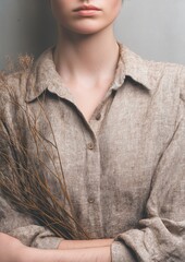 Generative AI, Woman in linen clothing enjoying peaceful moment with plants in sunlight