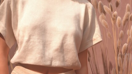 Generative AI, Woman in linen clothing enjoying peaceful moment with plants in sunlight