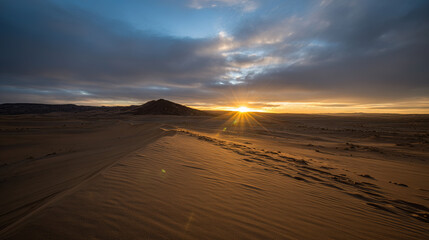 expanse. Twin suns setting over vast desert dunes during golden hour. travel magazines, destination branding, designed for travel destination branding, used by data analysts.

