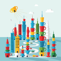 Naklejka premium Whimsical urban landscape constructed from stacked coffee cups and buildings
