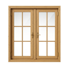 Fototapeta premium Detailed wooden double window with panes and golden hardware isolated on white background