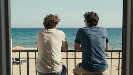 Fototapeta premium Two Men Sitting Balcony Overlooking Ocean, Relaxed Posture, Steady Horizon, Quiet Conversation, Morning Light, Seaside Railing, Contemplative Moment, Urban Coastal Escape.