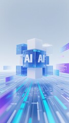 Fototapeta premium Digital representation of artificial intelligence with glowing cubes and data streams in a futuristic environment
