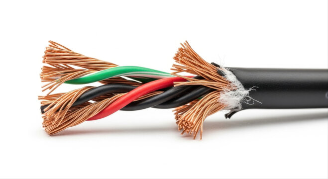 Frayed electrical cable with exposed copper wires isolated on a clean white background, showcasing colorful internal wiring and detailed texture